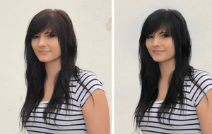 Beispiel Bildretusche – Hintergrund ausgebessert, Haare dunkler, Haut und Gesichtsform angepasst.